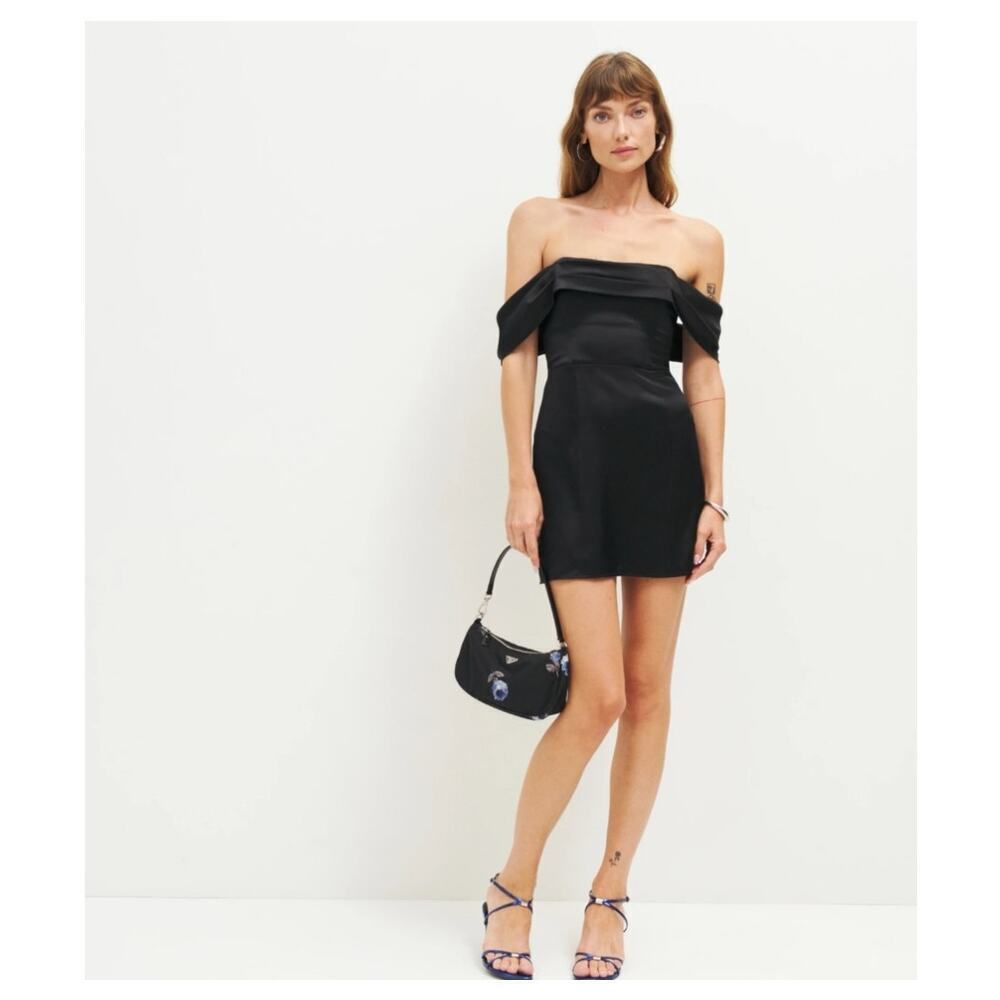 Reformation Lanelle Silk Dress Black Off The Shoulder Mini LBD Cocktail Size 12
